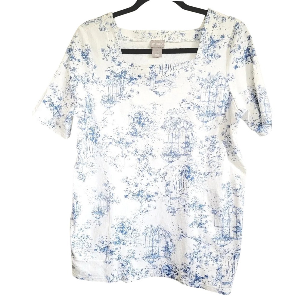 Chico's 1 Square‎ Neck Shirt White Blue Baroque Design Size Medium Cotton NWOT